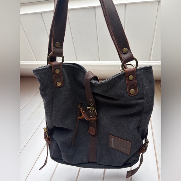 Canvas Tote/Convertible Backpack with Leather Accents - Picture 6 of 11